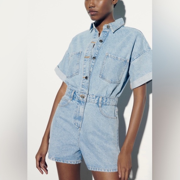 Zara Denim Short Sleeve Button Up Romper - Picture 2 of 16